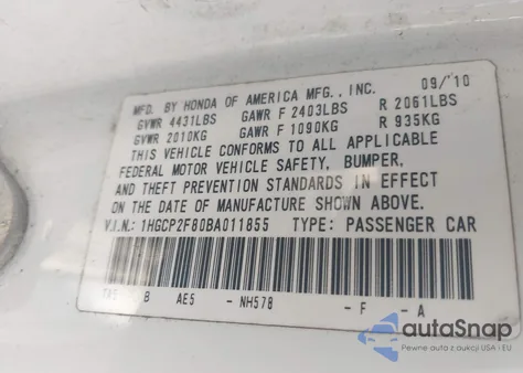 2011 Honda Accord 2.4 Ex-L из США, поврежденный, VIN 1HGCP2F80BA011855